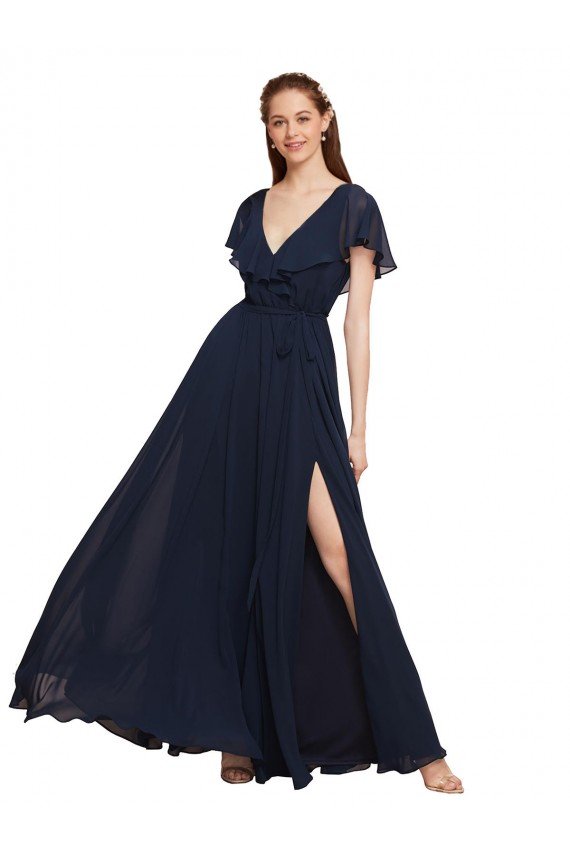 Affordable Long V-Neck Chiffon Bridesmaid Dress with Slit and V-Back
