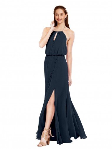 Affordable Grecian Style Halter Chiffon Bridesmaid Dress with Keyhole and Slit