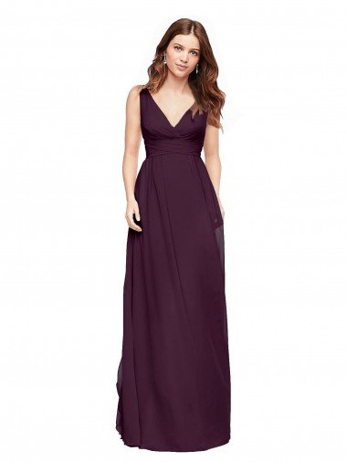 Affordable Plunging V-Neckline Long Chiffon Bridesmaid Dress with Deep V-Back
