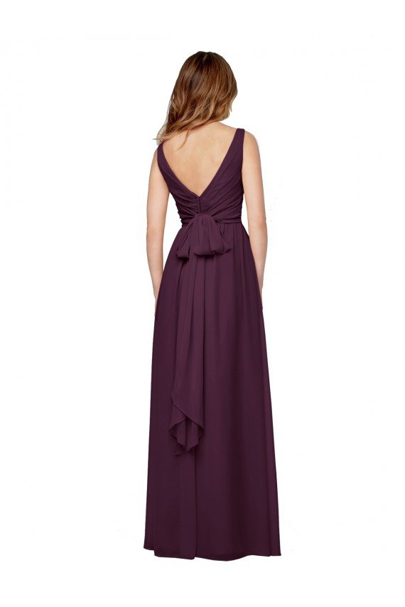 Affordable Plunging V-Neckline Long Chiffon Bridesmaid Dress with Deep V-Back