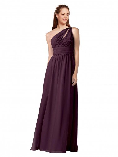 Affordable One Shoulder Chiffon Bridesmaid Dress with Front Keyhole and Shirred Bodice