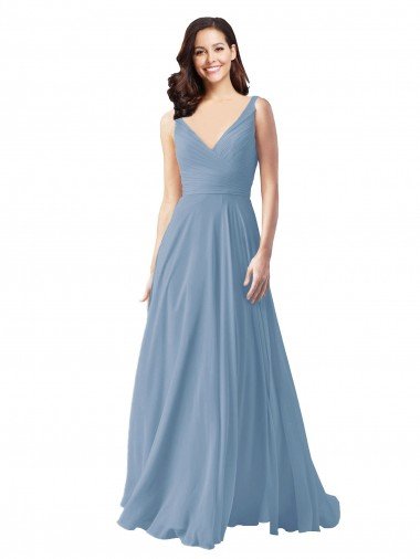 Affordable Long Chiffon V-Neck and Self Sash Bridesmaid Dress with Shirred Criss Cross Bodice