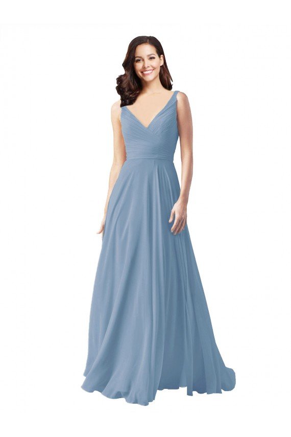 Affordable Long Chiffon V-Neck and Self Sash Bridesmaid Dress with Shirred Criss Cross Bodice