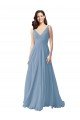 Affordable Long Chiffon V-Neck and Self Sash Bridesmaid Dress with Shirred Criss Cross Bodice