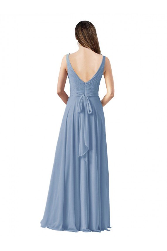 Affordable Long Chiffon V-Neck and Self Sash Bridesmaid Dress with Shirred Criss Cross Bodice