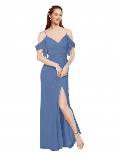 Affordable Mock-Wrap Off the Shoulder Long Chiffon Bridesmaid Dress with Side Slit