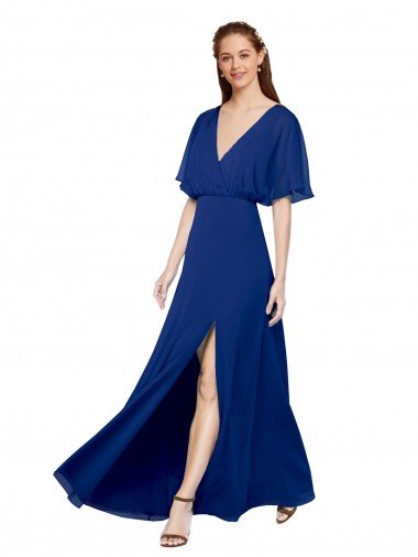 Affordable V-Neck Long Chiffon Bridesmaid Dress with Dolman Sleeved Bodice and Slit