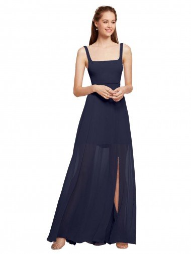 Affordable Squre Necked Long Chiffon Bridesmaid Dress with Front Slit