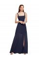 Affordable Squre Necked Long Chiffon Bridesmaid Dress with Front Slit