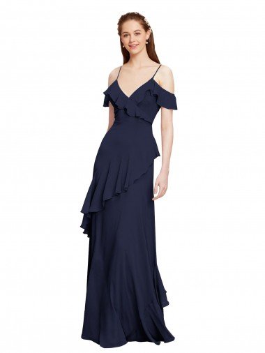 Affordable Cascading Ruffles Long Chiffon Bridesmaid Dress with Cold Shoulder