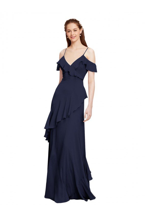 Affordable Cascading Ruffles Long Chiffon Bridesmaid Dress with Cold Shoulder