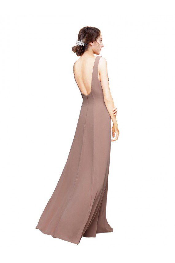 Affordable V-Neck Sheath Chiffon Bridesmaid Dress with V-Back