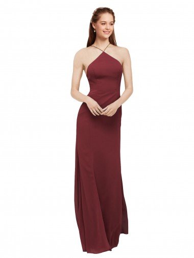Affordable High Halter Neck Long Chiffon Bridesmaid Dress with Low Scoop Back