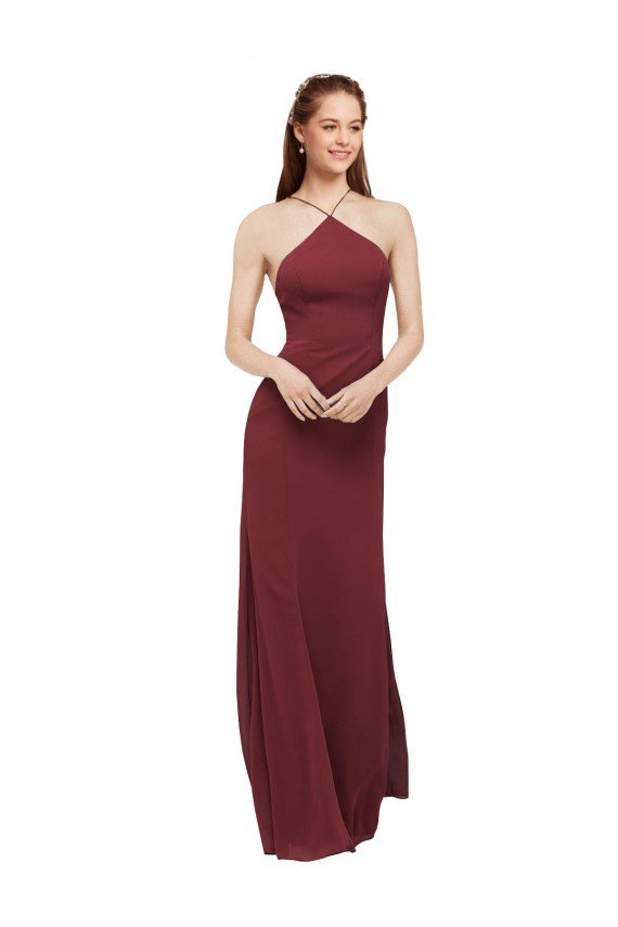 Affordable High Halter Neck Long Chiffon Bridesmaid Dress with Low Scoop Back