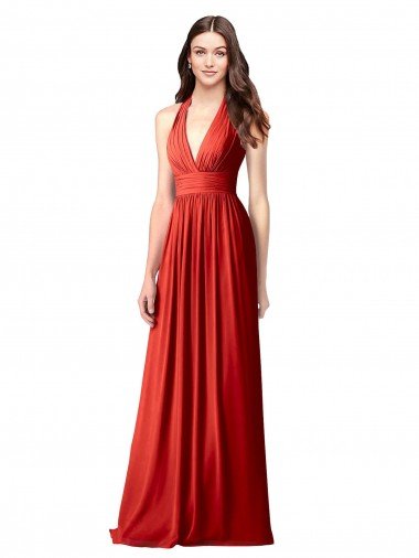 Affordable Halter V-Neck A-Line Chiffon Bridesmaid Dress with Shirred Skirt