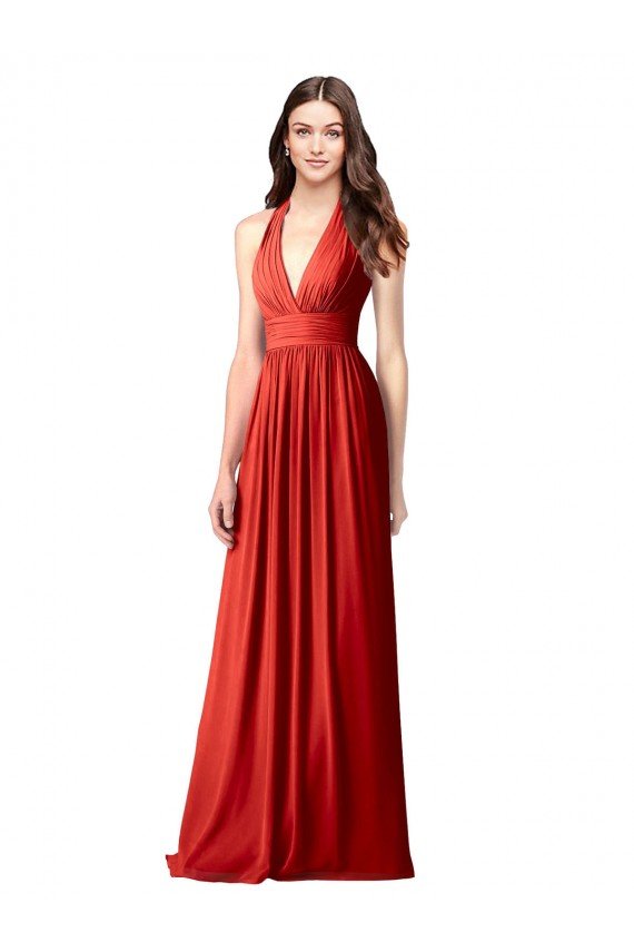 Affordable Halter V-Neck A-Line Chiffon Bridesmaid Dress with Shirred Skirt