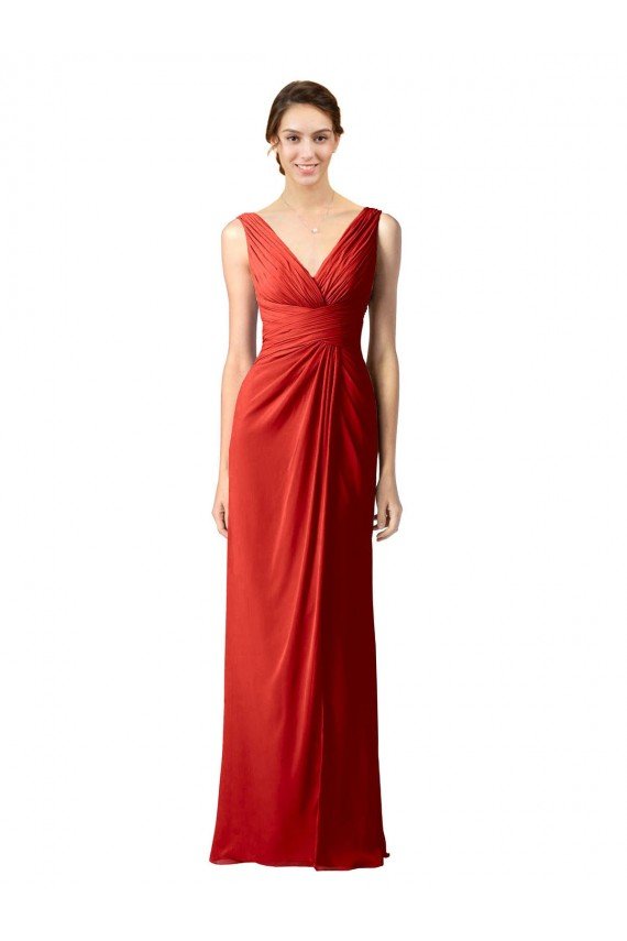 Affordable Shirred Long Floor Length Chiffon Bridesmaid Dress with V-Back