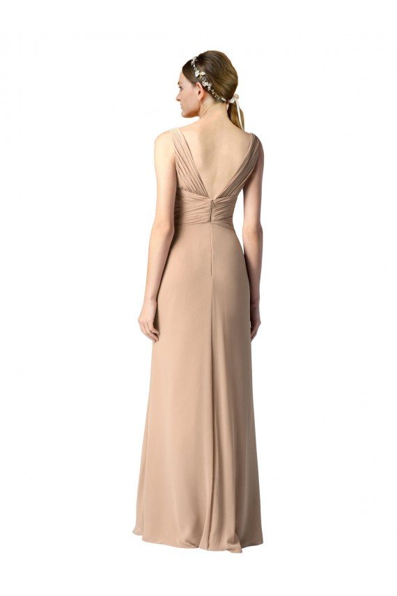 Affordable Shirred Long Floor Length Chiffon Bridesmaid Dress with V-Back