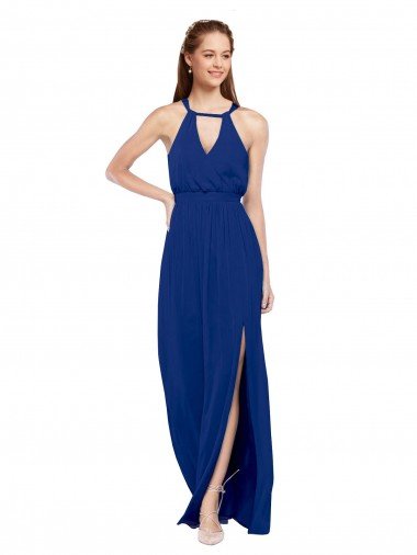 Affordable High Keyhole Neck Long Chiffon Bridesmaid Dress with Slit