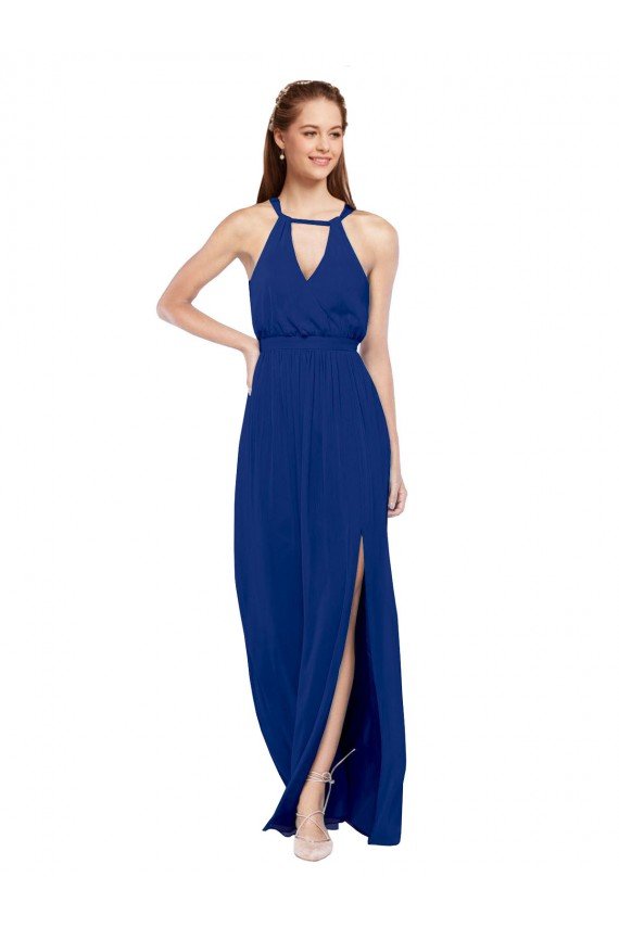 Affordable High Keyhole Neck Long Chiffon Bridesmaid Dress with Slit