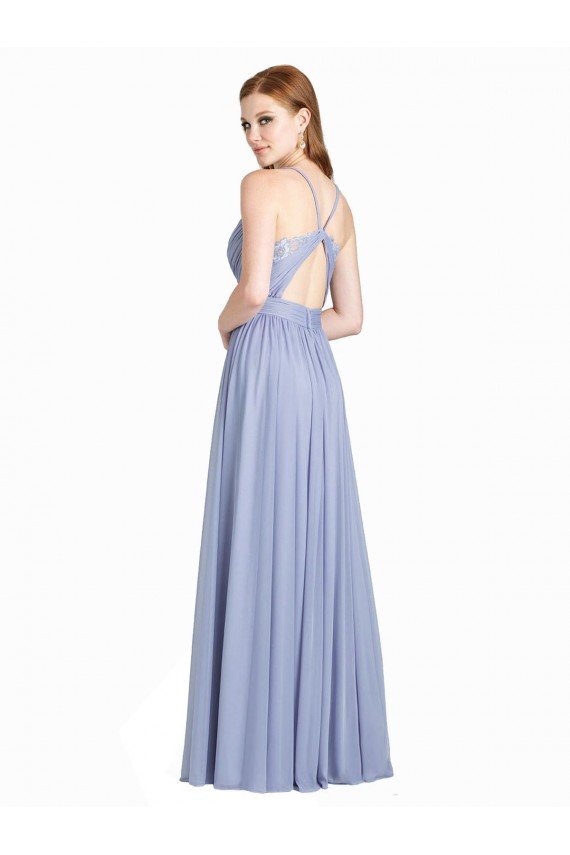 Affordable Ruched Criss Over Bodice Chiffon Bridesmaid Dress with Lace Open Back