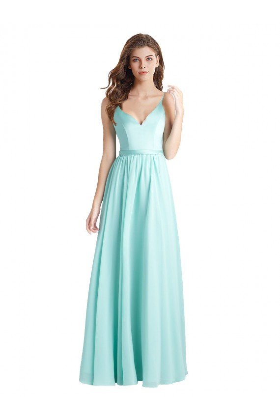 Affordable Long V-Neck Chiffon Bridesmaid Dress with Satin Bodice