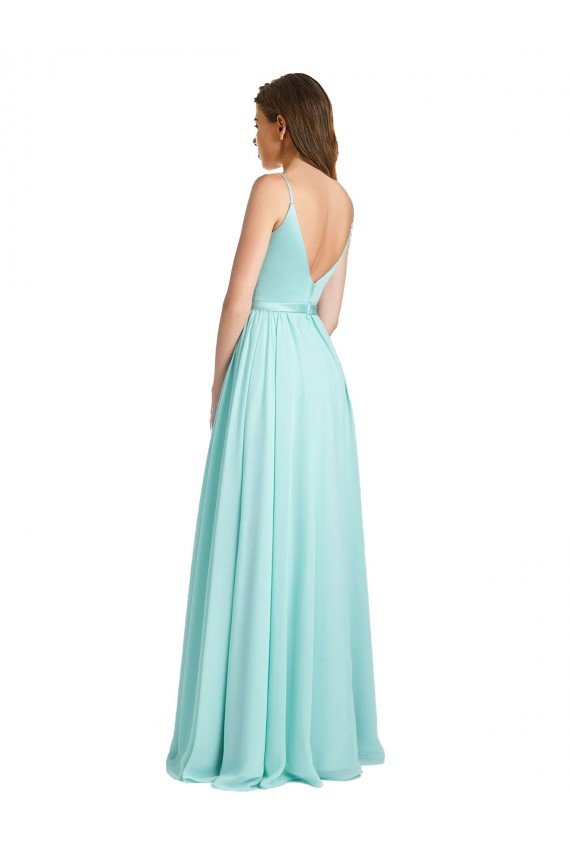Affordable Long V-Neck Chiffon Bridesmaid Dress with Satin Bodice