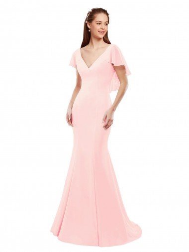 Affordable Fit and Flare Chiffon Bridesmaid Dress with V-Neck and Flutter Sleeves