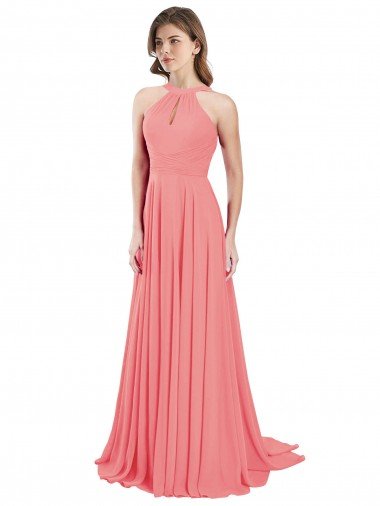 Affordable Draped A-Line Chiffon Bridesmaid Dress with Halter Keyhole Neckline