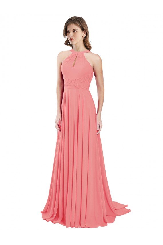 Affordable Draped A-Line Chiffon Bridesmaid Dress with Halter Keyhole Neckline