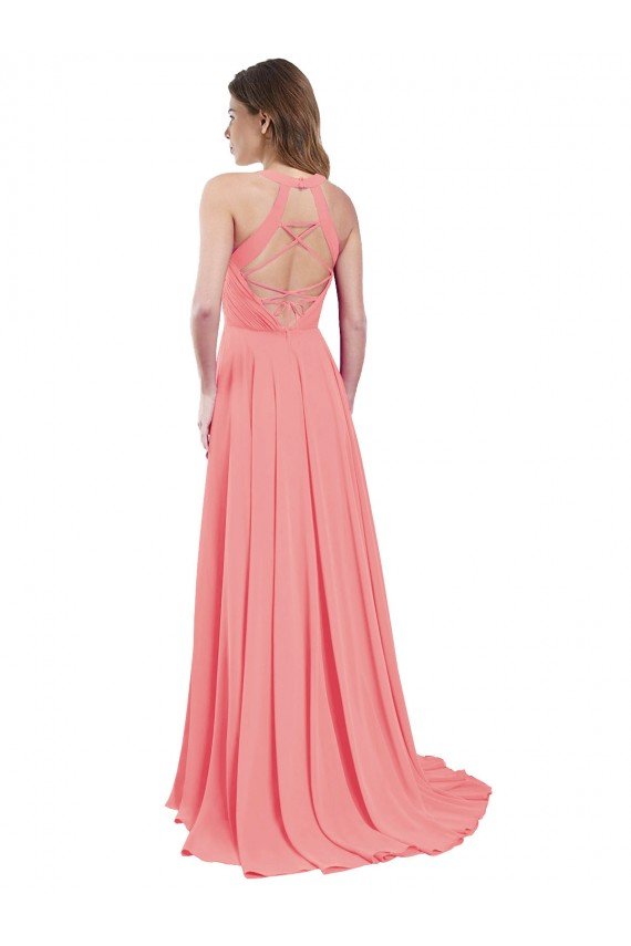 Affordable Draped A-Line Chiffon Bridesmaid Dress with Halter Keyhole Neckline