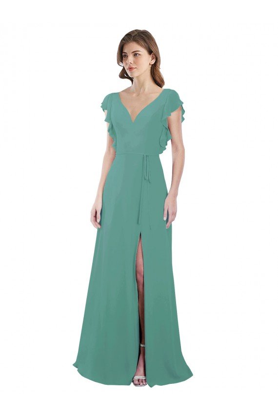 Affordable Full Length Chiffon Bridesmaid Dress with Ruffled Cap Sleeves and Side Slit
