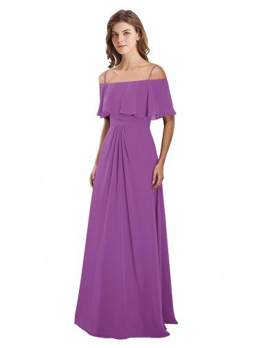 Affordable Draped Off The Shoulder Chiffon Bridesmaid Dress with Spaghetti Straps and Ruffled Neckline