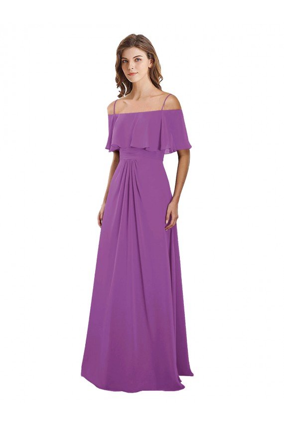 Affordable Draped Off The Shoulder Chiffon Bridesmaid Dress with Spaghetti Straps and Ruffled Neckline