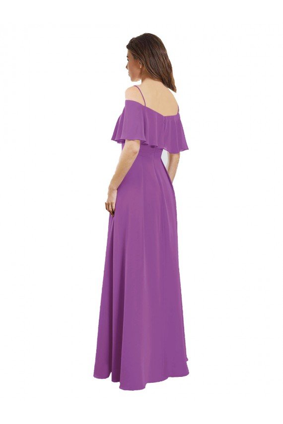 Affordable Draped Off The Shoulder Chiffon Bridesmaid Dress with Spaghetti Straps and Ruffled Neckline