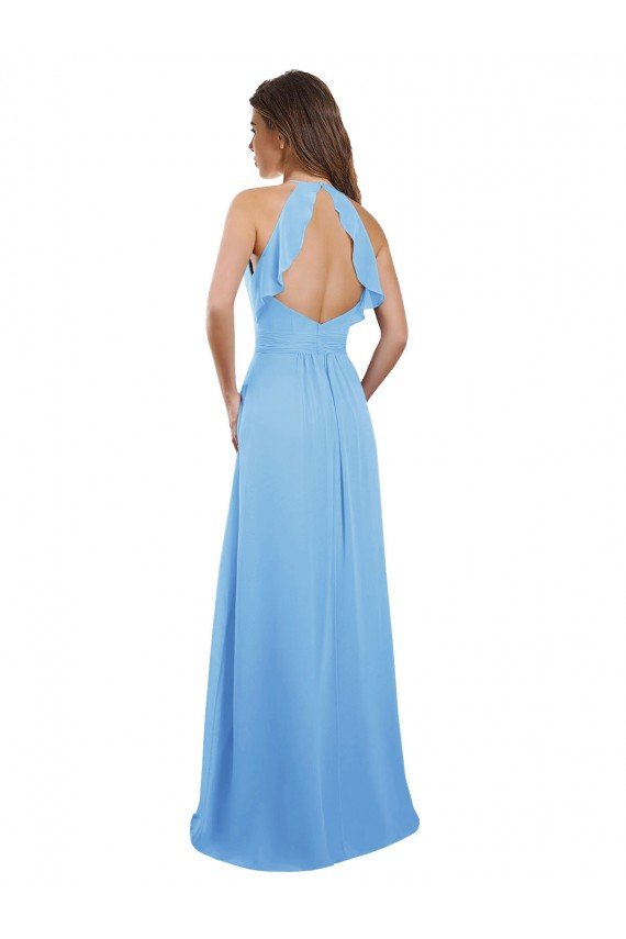 Affordable Chiffon A-Line Bridesmaid Dress with Halter Neck and Ruffled Back Straps