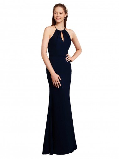 Affordable Fluted Long Chiffon Bridesmaid Dress with Halter Neckline and Keyhole