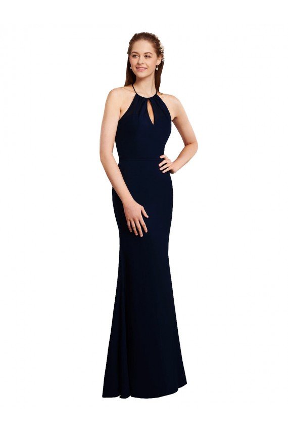 Affordable Fluted Long Chiffon Bridesmaid Dress with Halter Neckline and Keyhole
