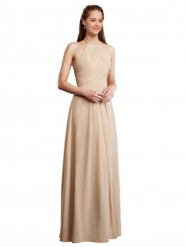 Affordable Draped Halter Neck Long Chiffon Bridesmaid Dress with Tie Back