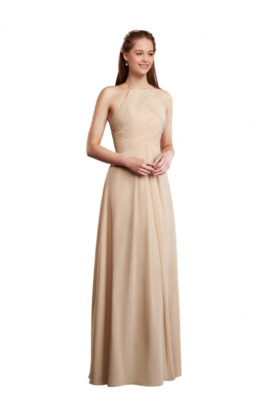 Affordable Draped Halter Neck Long Chiffon Bridesmaid Dress with Tie Back