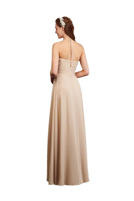 Affordable Draped Halter Neck Long Chiffon Bridesmaid Dress with Tie Back