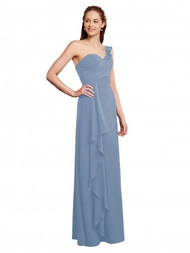 Affordable Single Shoulder Strap Long Chiffon Bridesmaid Dress with Cascading Ruffles