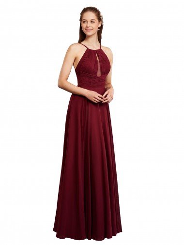Affordable Long A-Line Halter Neck Chiffon Bridesmaid Dress with Draped Bodice