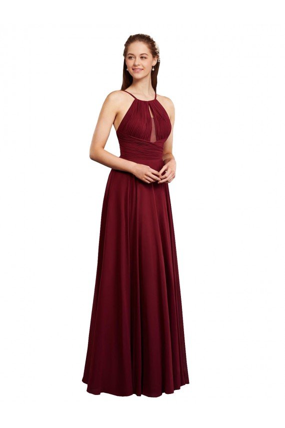 Affordable Long A-Line Halter Neck Chiffon Bridesmaid Dress with Draped Bodice