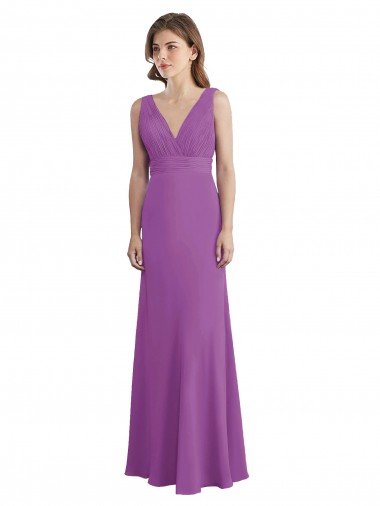 Affordable V-Shaped Neckline Long Chiffon Bridesmaid Dress with Cascading Ruffles Back