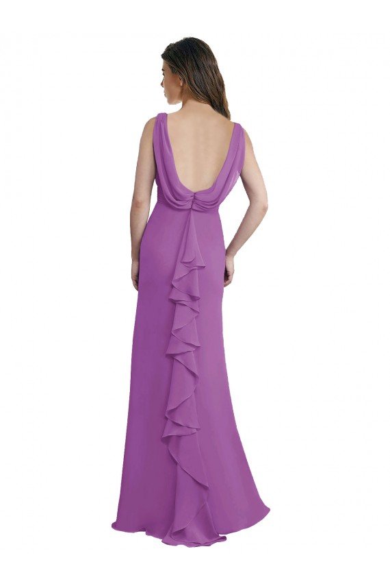 Affordable V-Shaped Neckline Long Chiffon Bridesmaid Dress with Cascading Ruffles Back