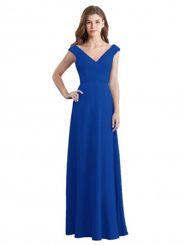 Affordable Draped Shoulder V-Neck Long Chiffon Bridesmaid Dress