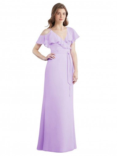 Affordable Ruffled Neckline Cold Shoulder Long Chiffon Bridesmaid Dress