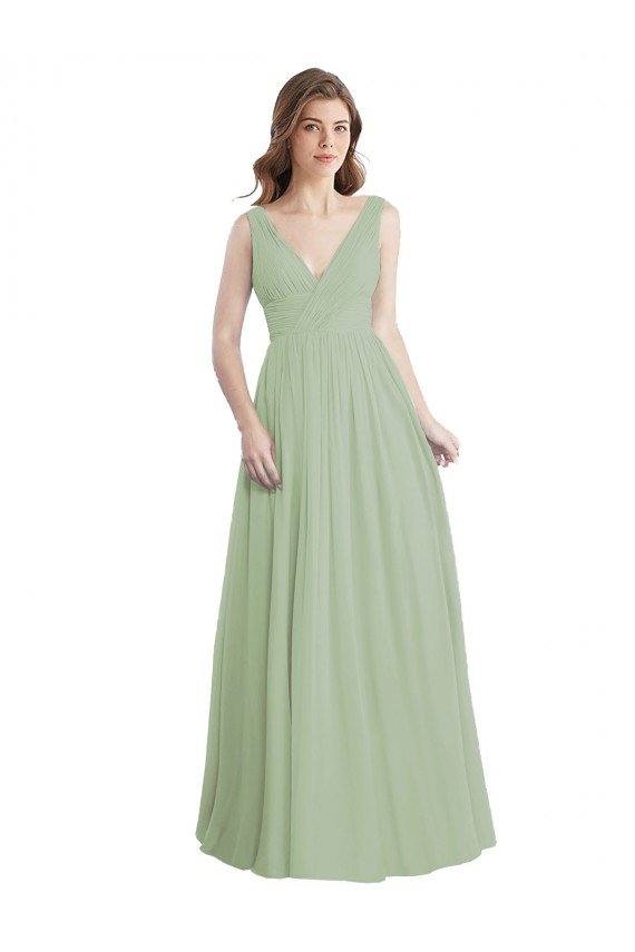 Affordable V-Neck A-Line Long Chiffon Bridesmaid Dress with Draped Bodice