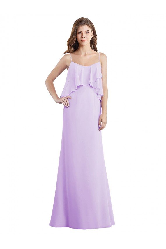 Affordable Scoop Neck Long Chiffon Bridesmaid Dress with Cross Over Neckline Flounce